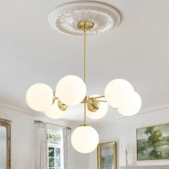 Mid-Century 7-light Brass Opal Glass Globe Sputnik Chandelier