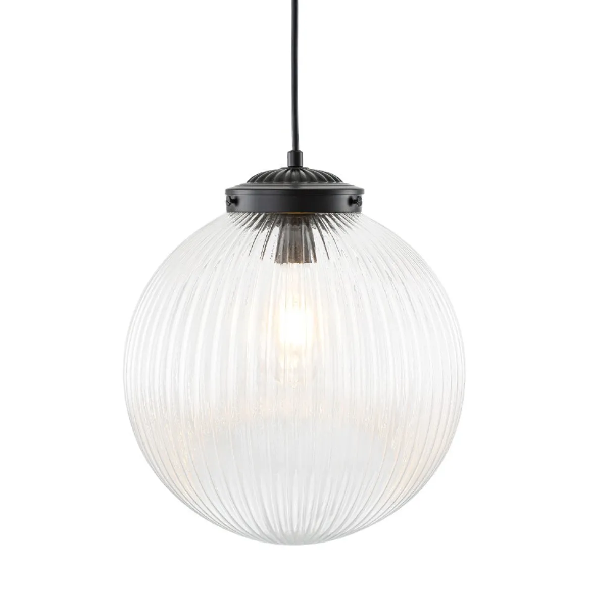 Mid-Century 1-Light Clear Ribbed Glass Globe Pendant