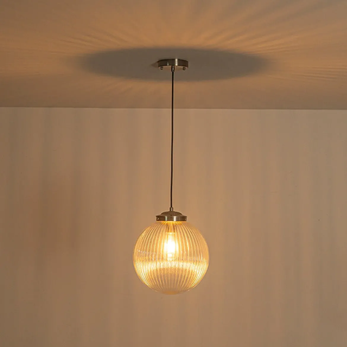 Mid-Century 1-Light Clear Ribbed Glass Globe Pendant
