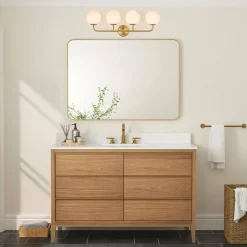 Mid-century Shine Opal Glass Globe Brass Vanity Light