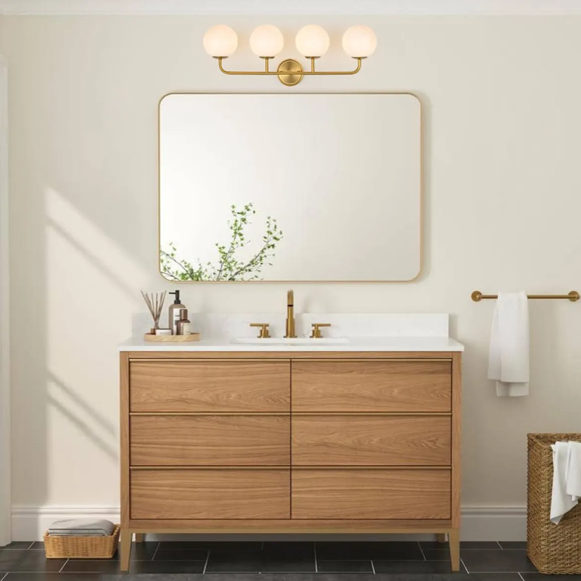 Mid-century Shine Opal Glass Globe Brass Vanity Light
