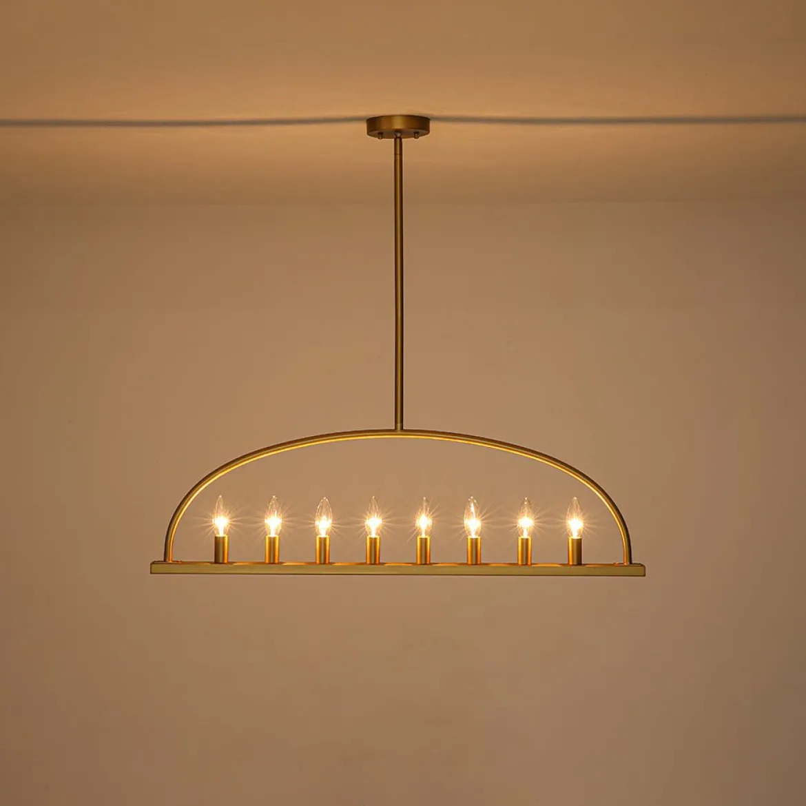 Minimalist 8-Light Brass Candle Style Linear Island Chandelier