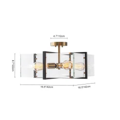 Modern Black Brass Clear Glass Square Cage Semi Flush Mount