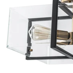Modern Black Brass Clear Glass Square Cage Semi Flush Mount