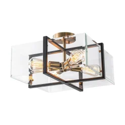 Modern Black Brass Clear Glass Square Cage Semi Flush Mount