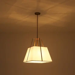 Modern Brass White Fabric Tapered Cage Pendant Light