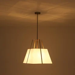 Modern Brass White Fabric Tapered Cage Pendant Light