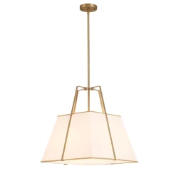 Modern Brass White Fabric Tapered Cage Pendant Light