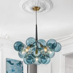 Modern Cluster Blue Glass Globe Bubble Chandelier