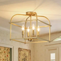 Modern 4-Light Candle Style Square Cage Semi Flush Mount