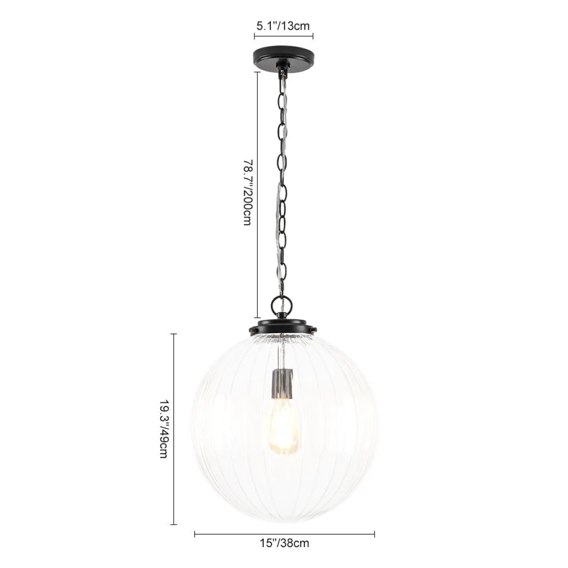 Modern 1-Light Clear Ribbed Glass Globe Pendant
