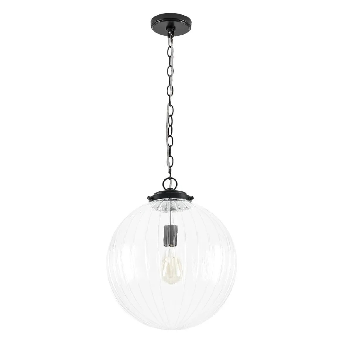 Modern 1-Light Clear Ribbed Glass Globe Pendant