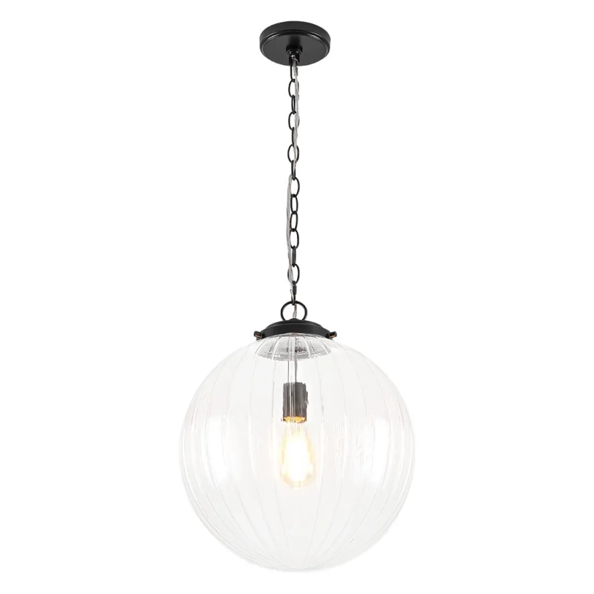 Modern 1-Light Clear Ribbed Glass Globe Pendant