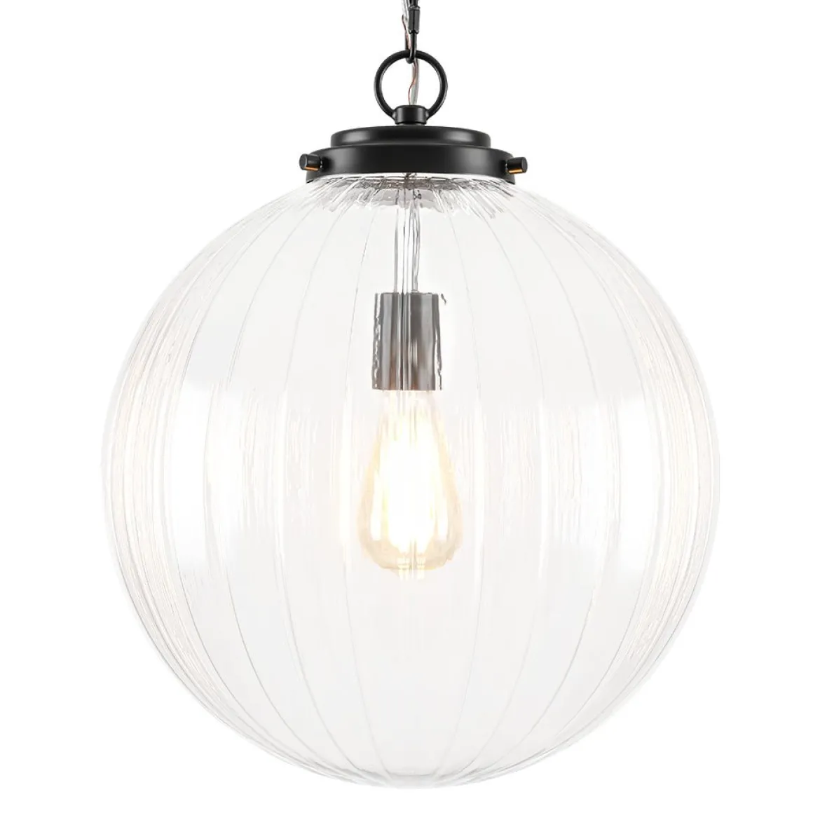 Modern 1-Light Clear Ribbed Glass Globe Pendant