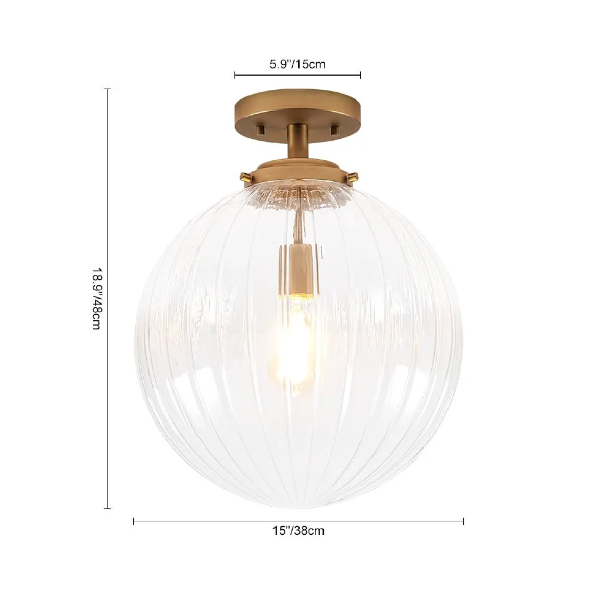 Modern 1-Light Clear Ribbed Glass Globe Semi Flush Mount
