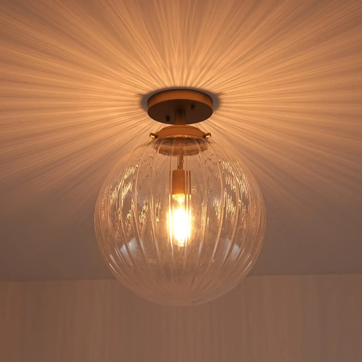 Modern 1-Light Clear Ribbed Glass Globe Semi Flush Mount