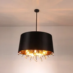 Moody Luxe Starburst Crystal Black Fabric Drum Cage Chandelier