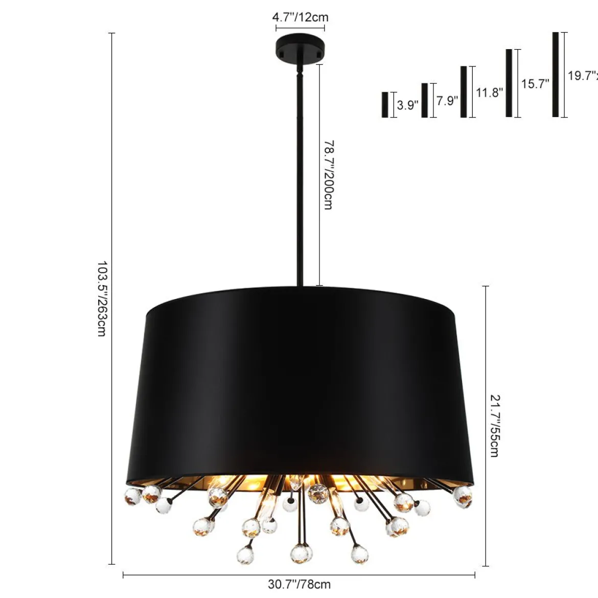 Moody Luxe Starburst Crystal Black Fabric Drum Cage Chandelier