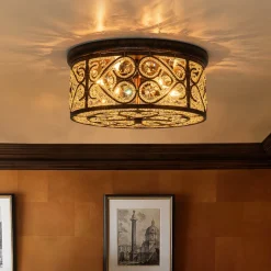 Moroccan Antique Crystal Drum Flush Mount Ceiling Light