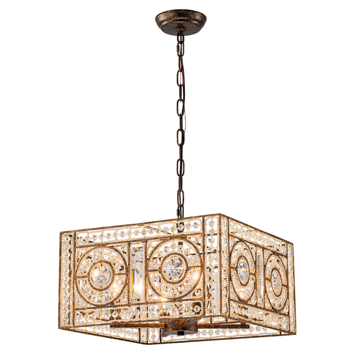Moroccan Glam Antique Crystal Square Cage Chandelier
