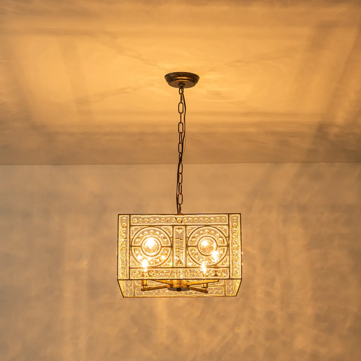 Moroccan Glam Antique Crystal Square Cage Chandelier