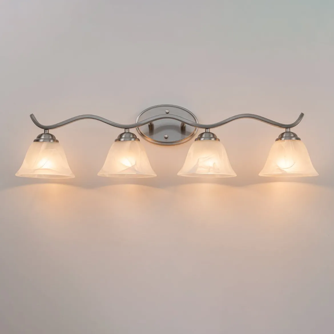 Nickel 4-Light Cloud Glass Bell Shade Vanity Light
