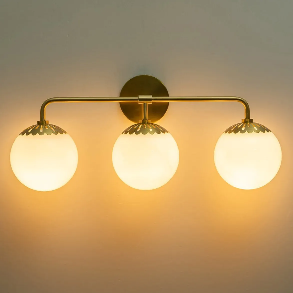 (OpenBox) Brass Daisy 3-Light Opal Glass Globe Vanity Light
