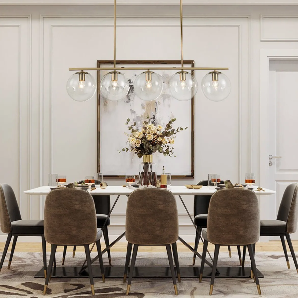 (OpenBox) Brass 5-Light Glass Globe Linear Pendant
