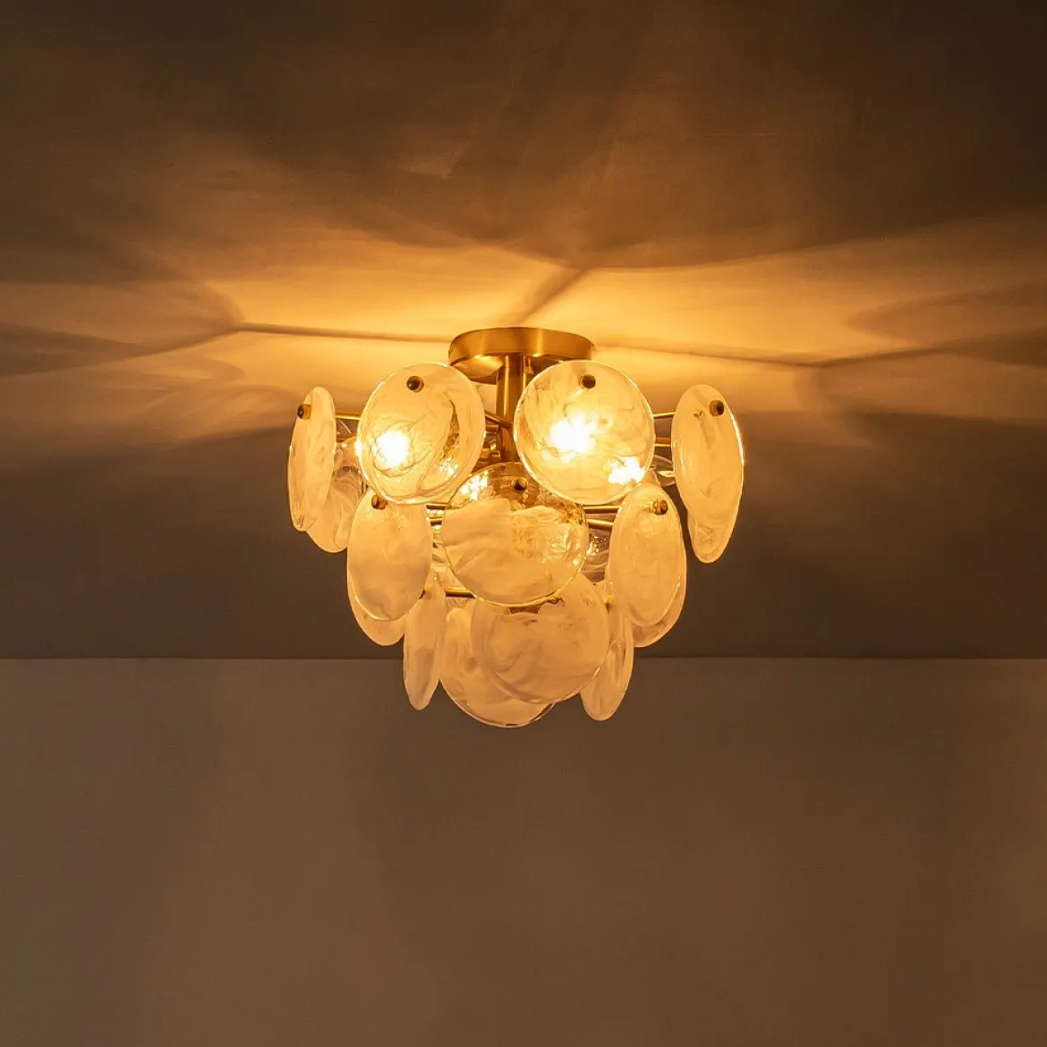 (OpenBox) Brass Tiered Opal Swirl Glass Semi Flush Chandelier