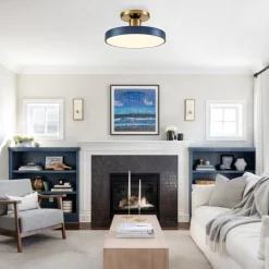 (OpenBox) Contemporary Brass Blue Round LED Semi Flush Lighting