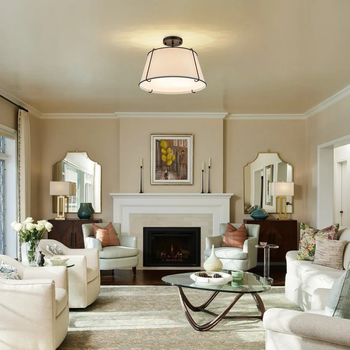 (OpenBox) Contemporary Wide Linen Drum Brass Semi Flush Mount