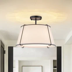 (OpenBox) Contemporary Wide Linen Drum Brass Semi Flush Mount