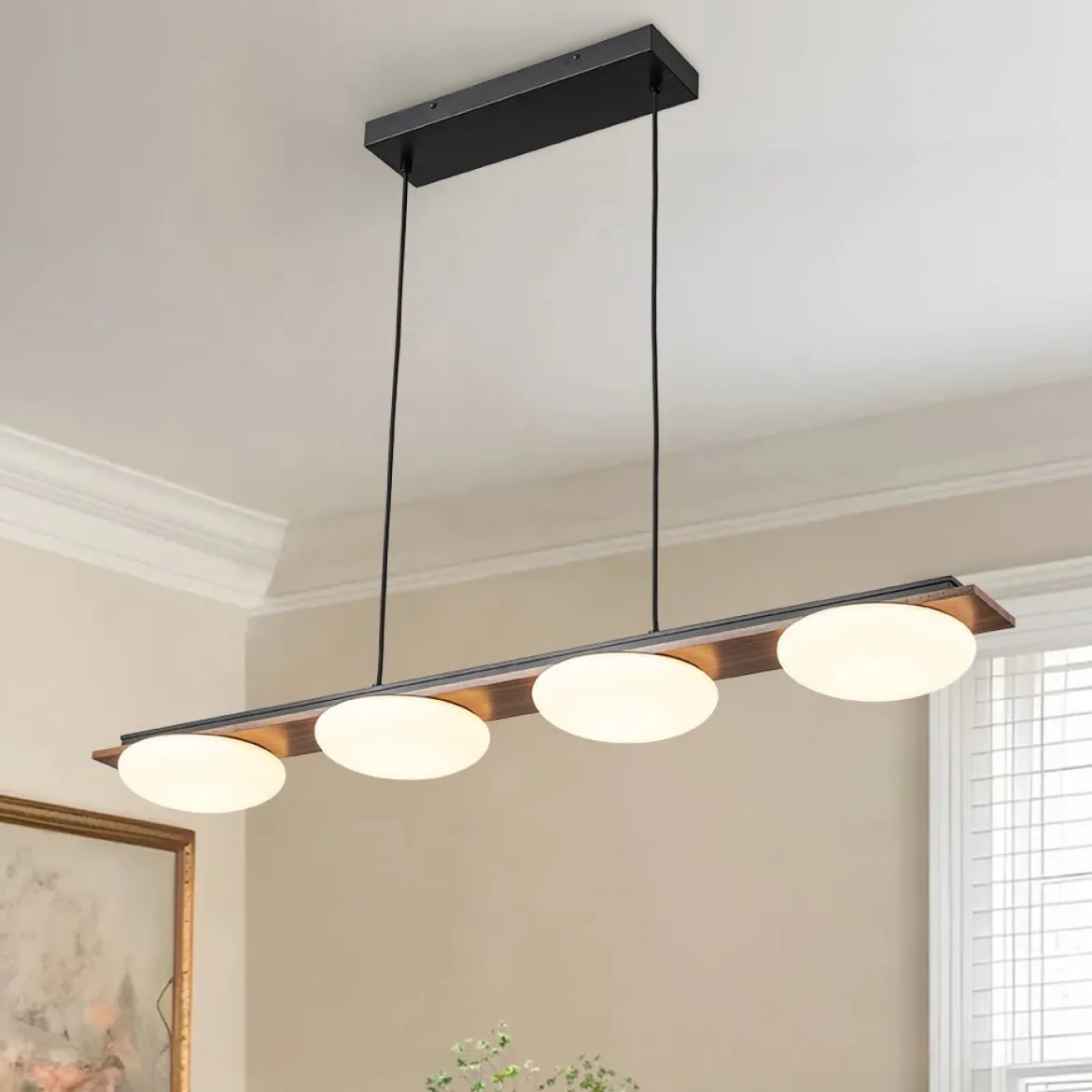(OpenBox) Dimmable LED Walnut Wood Grain Linear Island Chandelier