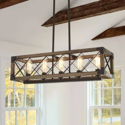 (OpenBox) Farmhouse 5-Light Rectangle Wood Chandelier