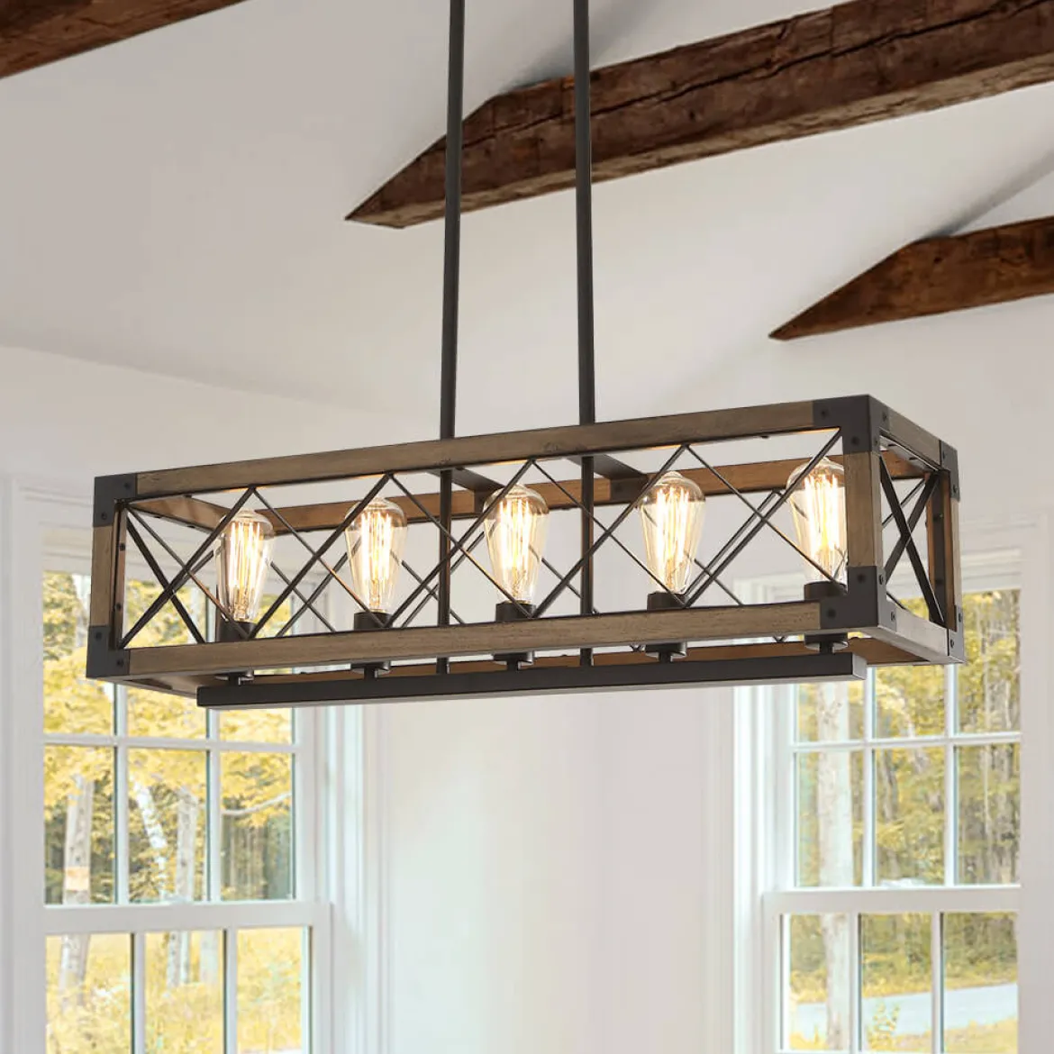 (OpenBox) Farmhouse 5-Light Rectangle Wood Chandelier