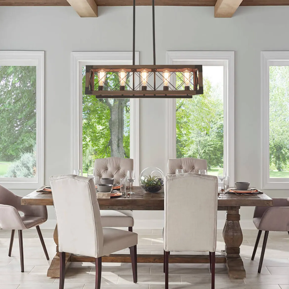 (OpenBox) Farmhouse 5-Light Rectangle Wood Chandelier