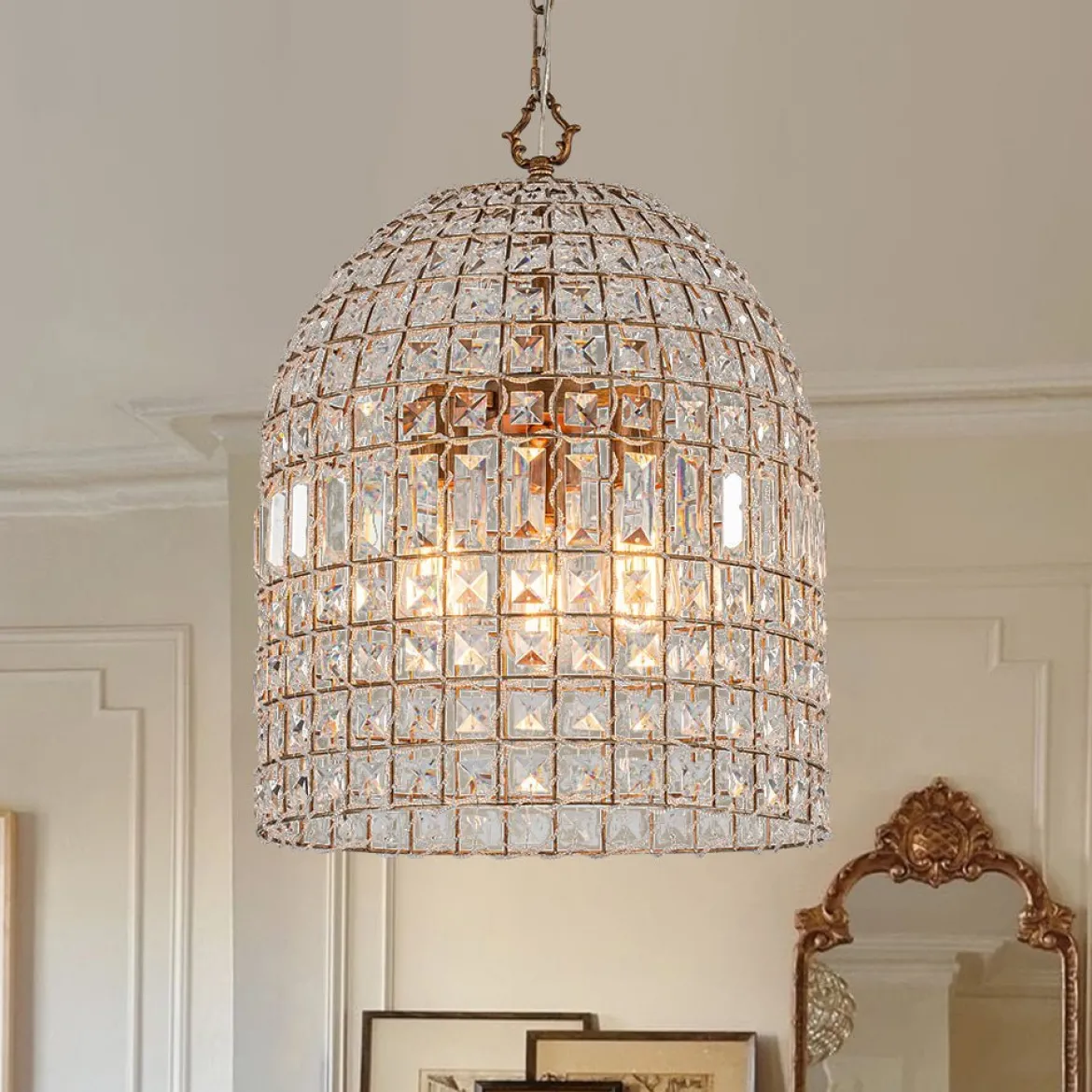 (OpenBox) French Antique Brass Crystal Cage Chandelier