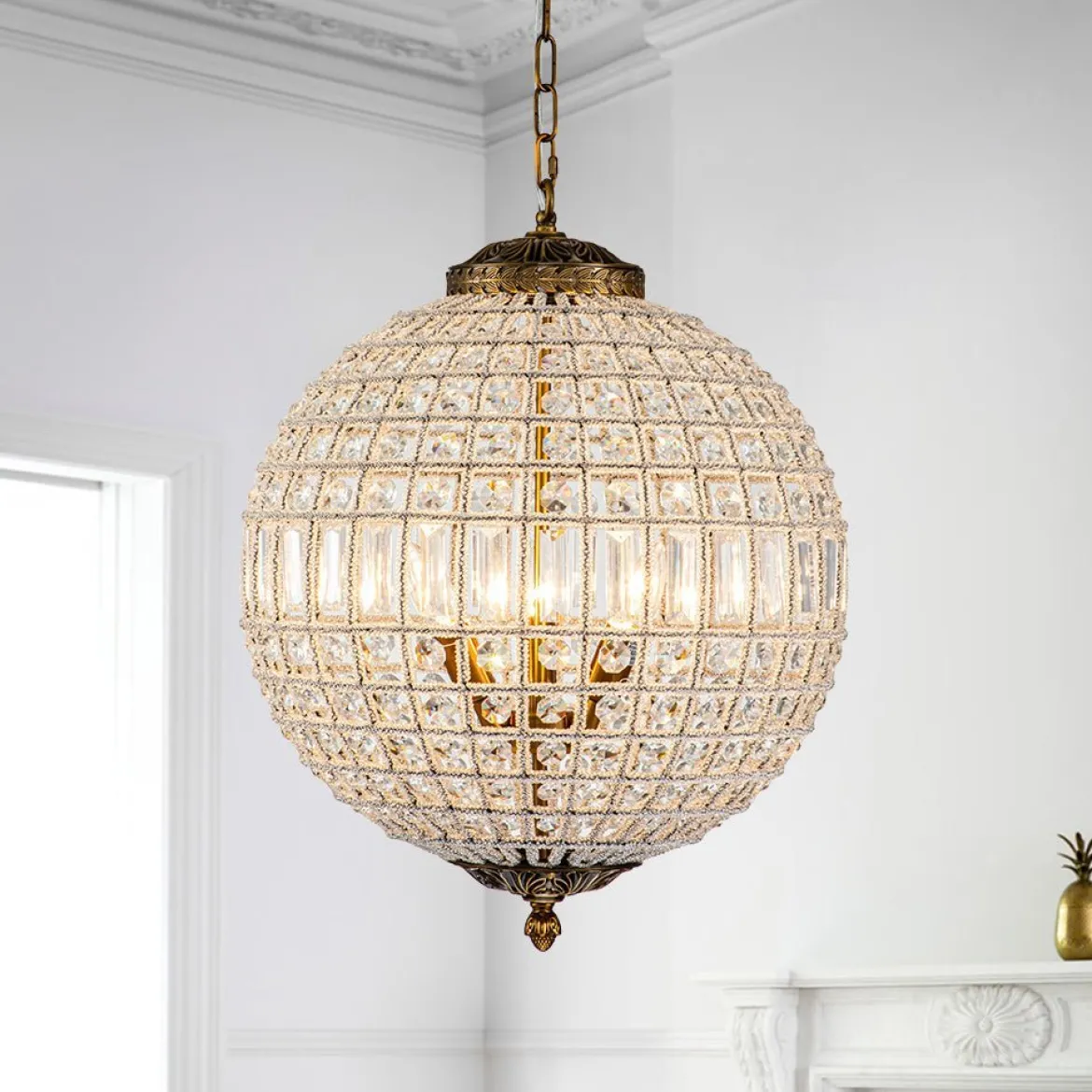 (OpenBox) French Antique Brass Crystal Globe Chandelier