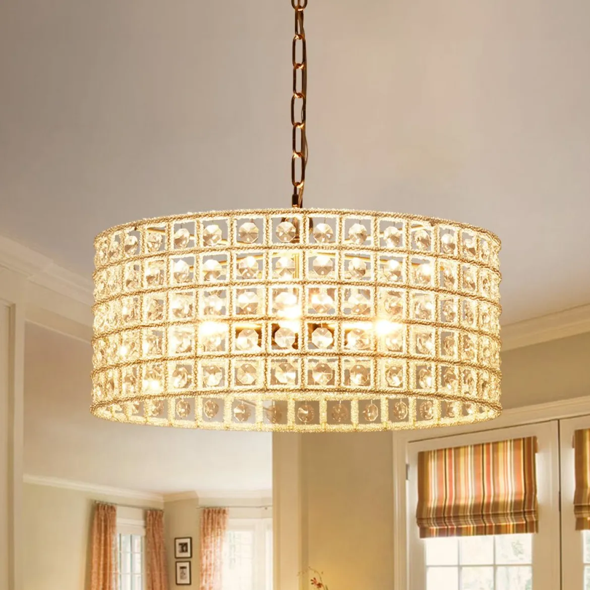 (OpenBox) French Luxury Brass Crystal Drum Cage Chandelier