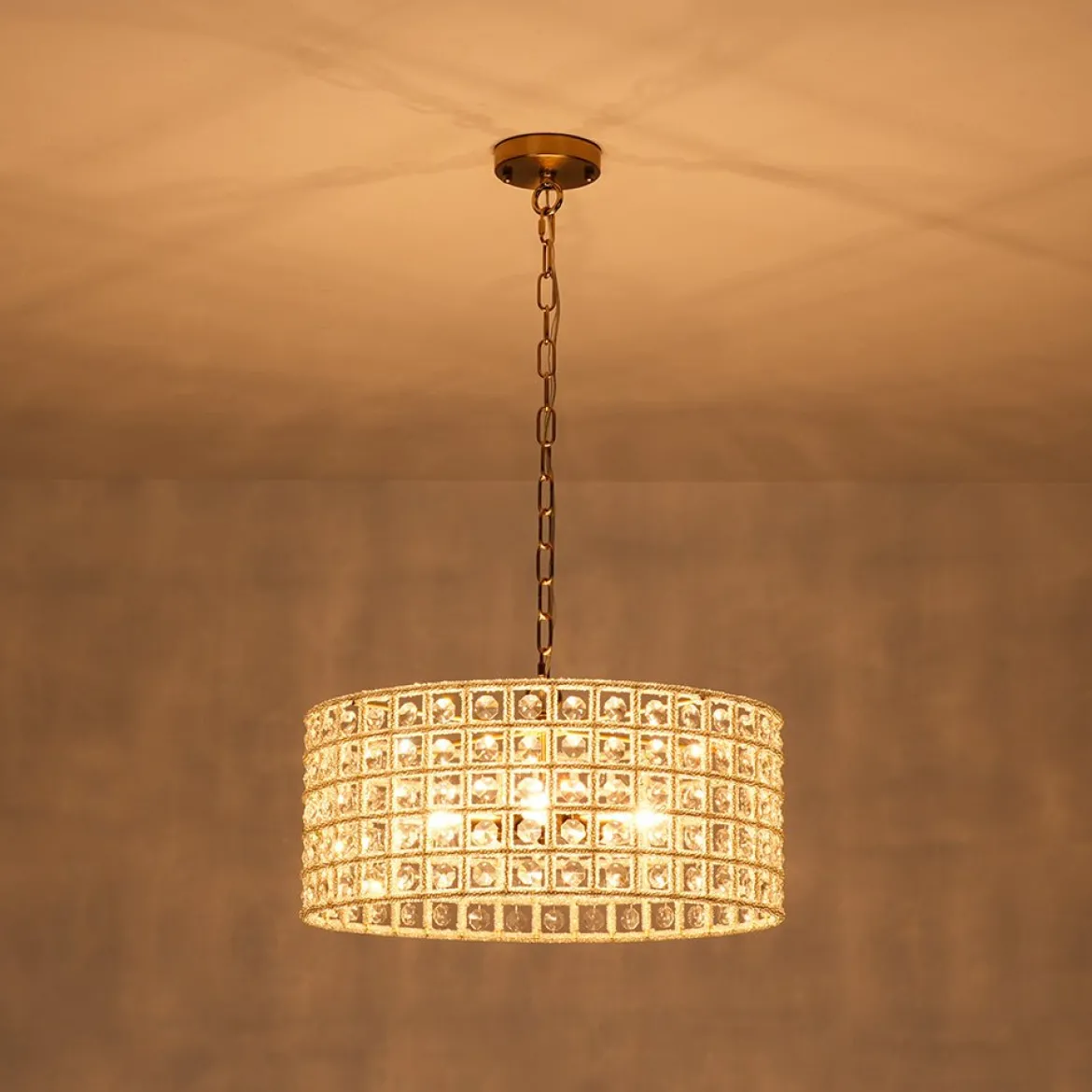 (OpenBox) French Luxury Brass Crystal Drum Cage Chandelier