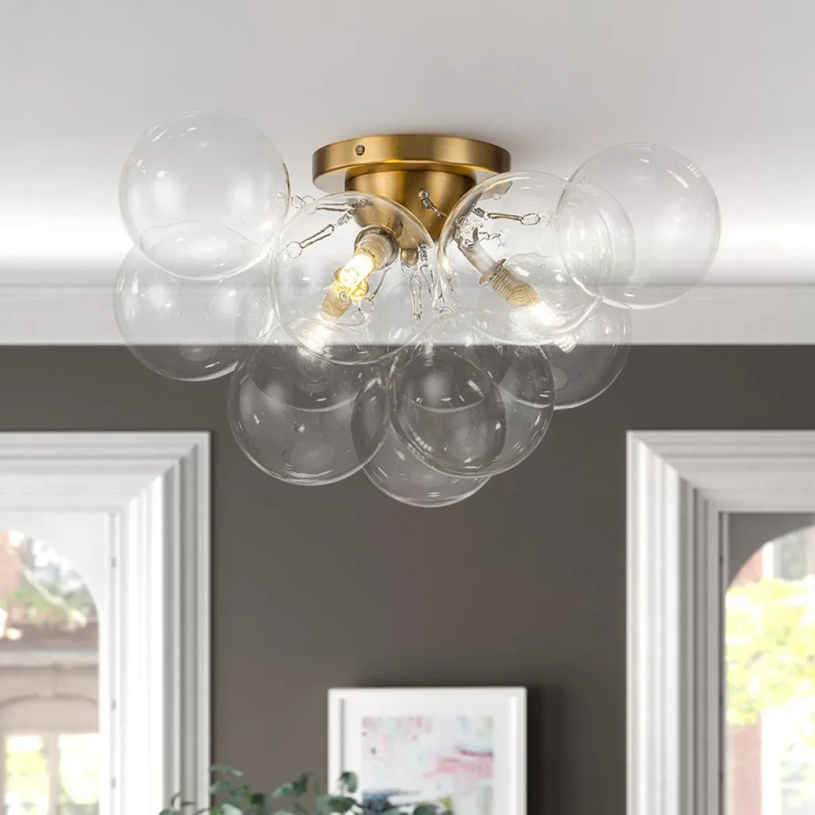 (OpenBox) 3-Light Brass Cluster Clear Glass Globe Bubble Ceiling Light