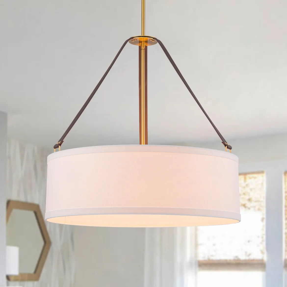 (OpenBox) 4-Light Brass White Linen Wide Drum Cage Pendant Light