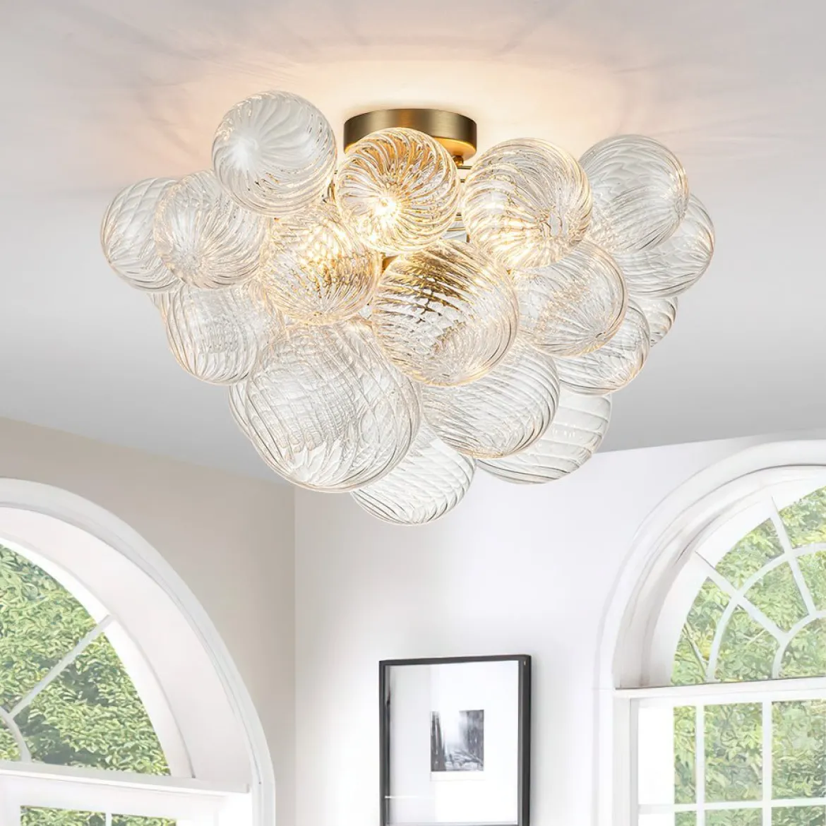 (OpenBox) 3-Light Cluster Ribbed Glass Bubble Semi Flush Chandelier