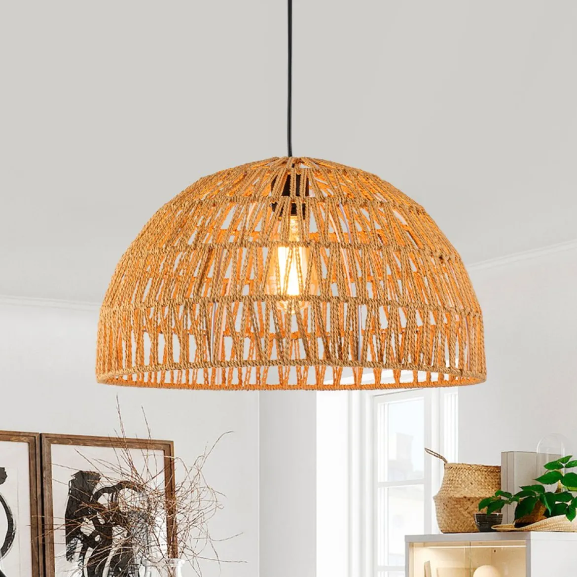 (OpenBox) 1-Light Coastal Bohemian Woven Rope Dome Pendant