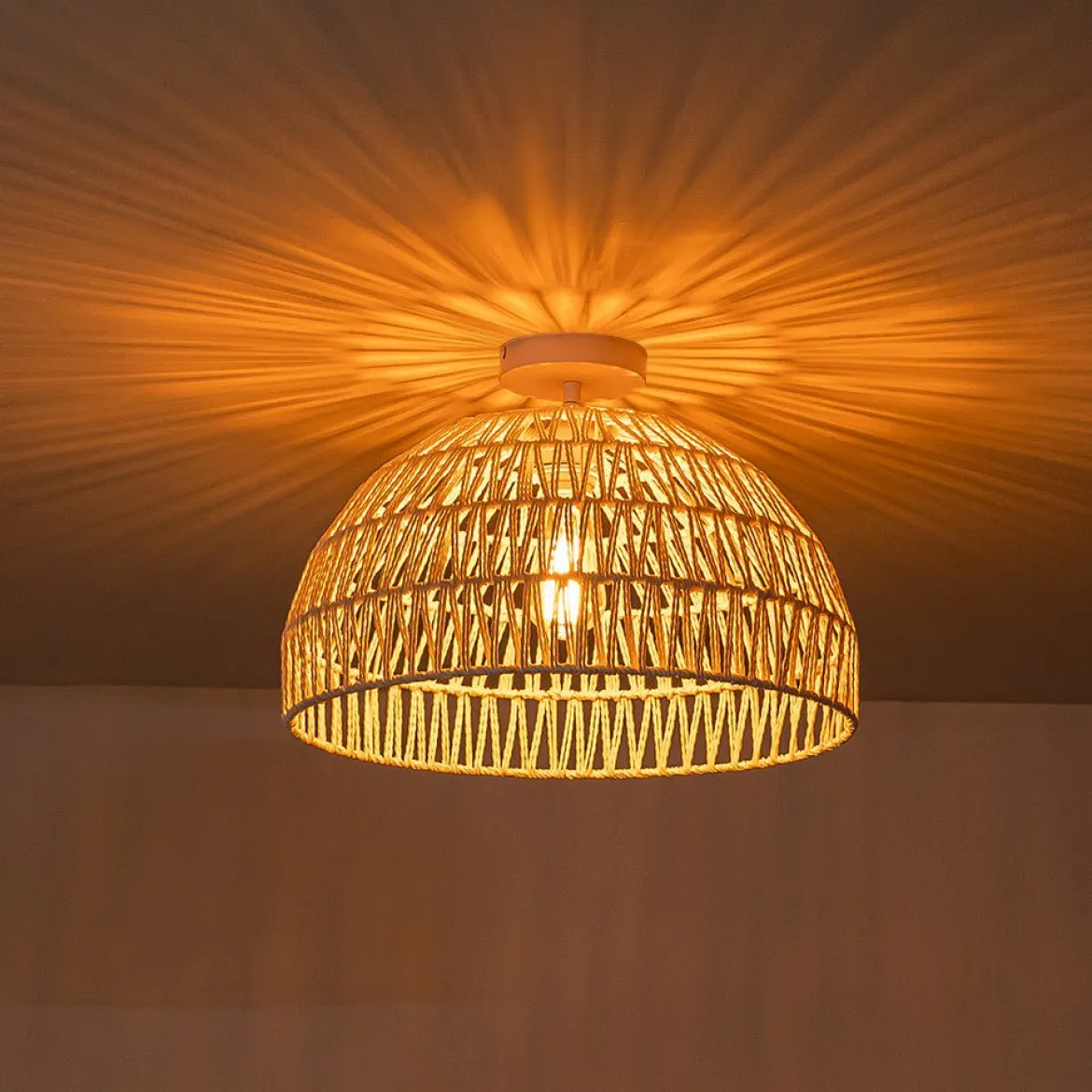 (OpenBox) 1-Light Coastal Bohemian Woven Rope Dome Pendant