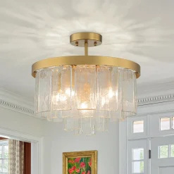 (OpenBox) Tiered Hammered Water Glass Round Semi Flush Mount