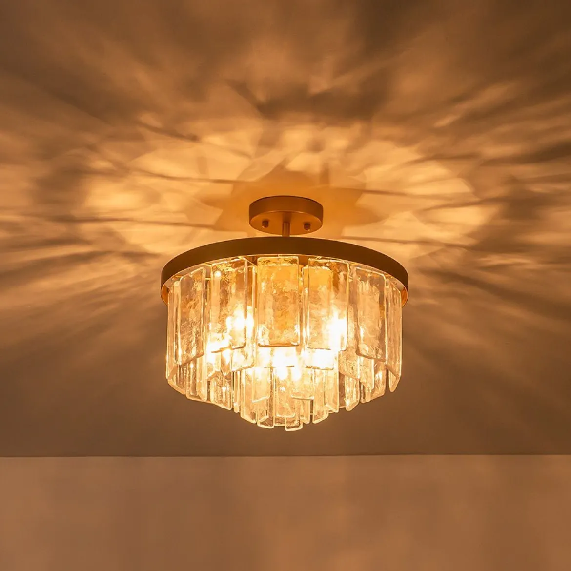 (OpenBox) Tiered Hammered Water Glass Round Semi Flush Mount