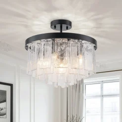 (OpenBox) Tiered Hammered Water Glass Round Semi Flush Mount