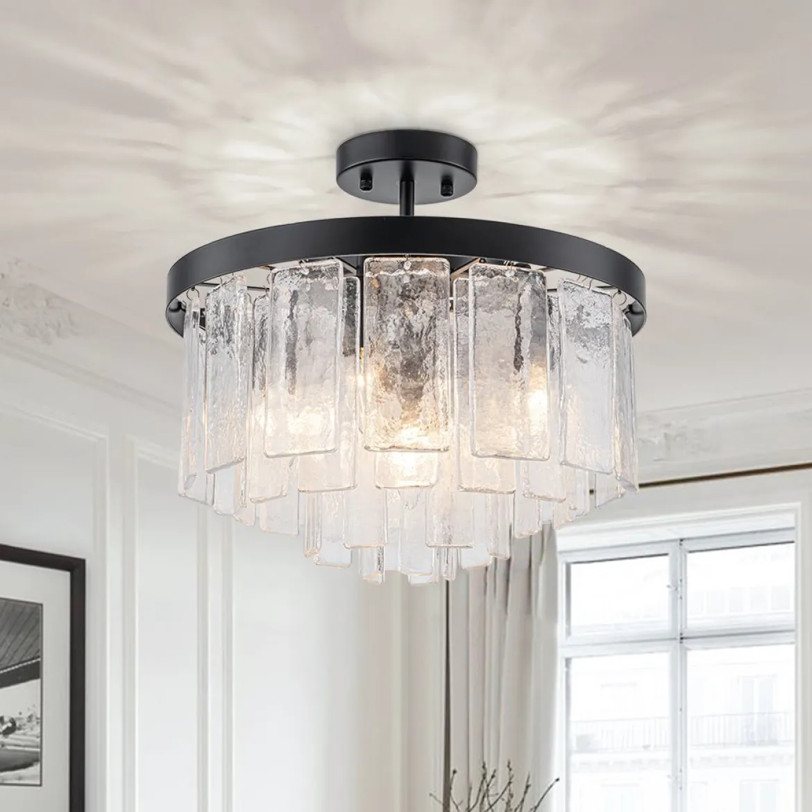(OpenBox) Tiered Hammered Water Glass Round Semi Flush Mount