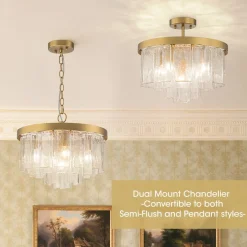 (OpenBox) Tiered Hammered Water Glass Round Semi Flush Mount